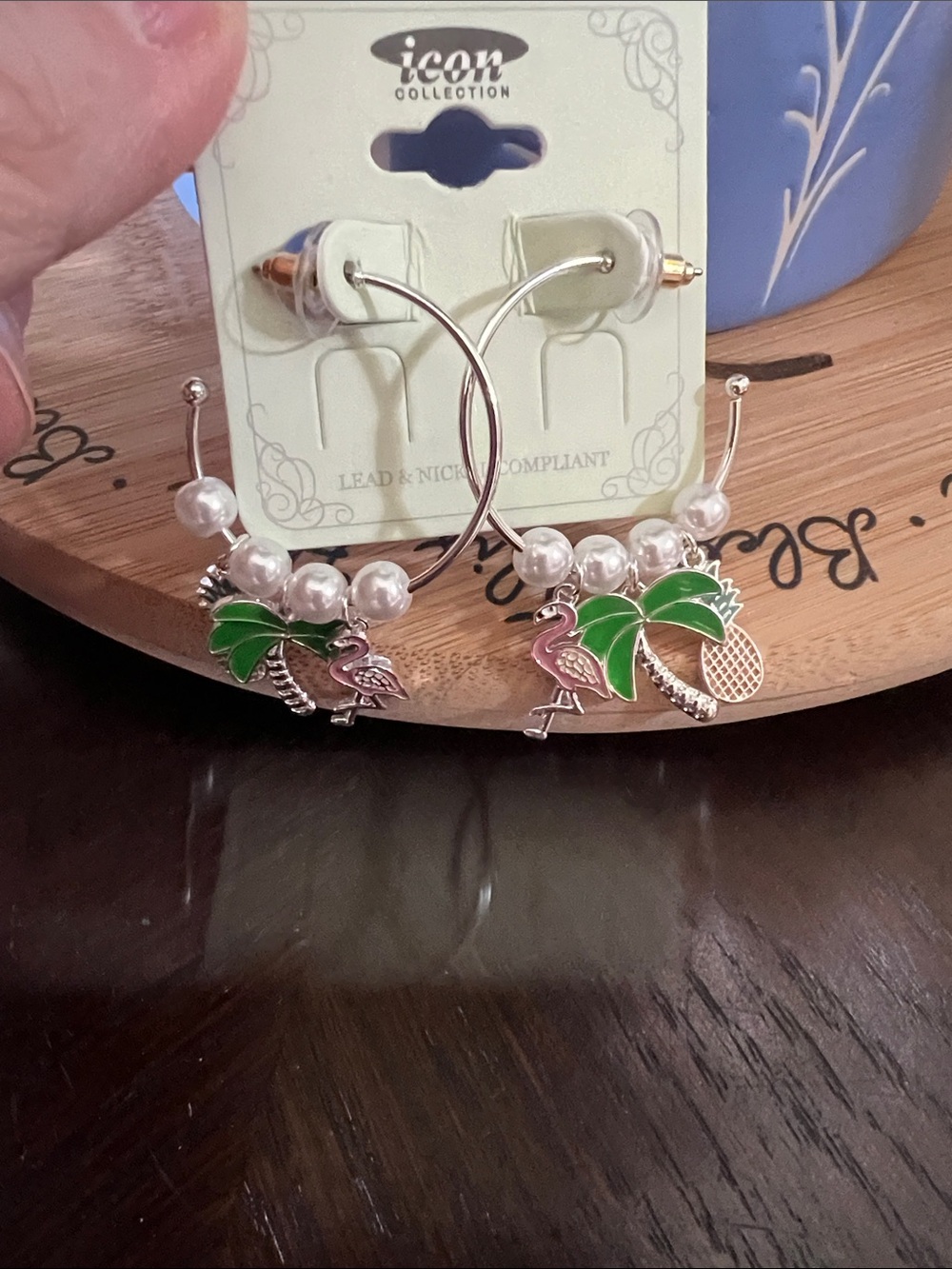 ICON  COLLECTION Pink Flamingo Hoop Earrings with Green Palm Accents and Pearls